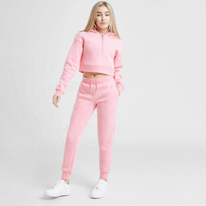 Custom Womens Pink Half <b>Zip</b> Crop Hoodie Tracksuit Fleece Jogger Gym Wear 2 Piece Set Wholesale Crop Top Hoodie & Jogger Suit Set - Product Image 5