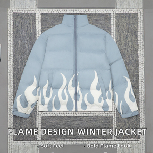 NUEVA Chaqueta Bomber Acolchada de Poliéster para Hombre, Diseño Casual con Cremallera y Cuello Alto, Diseño Personalizado con Estampado de Llamas, Transpirable por Delante - Product Image 2