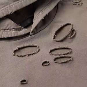 Sudadera con capucha de algodón de 380 g/m² de alto gramaje, con bordado 3D personalizado, lavado ácido, cremallera, efecto desgastado y pedrería, de gran demanda y a la moda. - Product Image 2