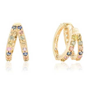 14K Rose Gold Multi Sapphire Huggie Hoop Earrings with Geometric Cuff Style - Product Image 2