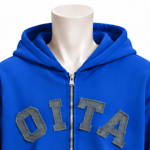 Customized Royal Blue Mens Full Zip Hoodie Heavyweight Fleece Chenille <b>Letter</b> <b>Applique</b> Oversized Casual Streetwear Sweatshirt - Product Image 3