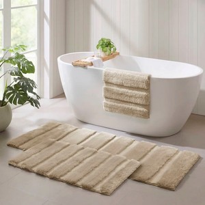 Tapis de bain rectangulaire moderne en microfibre beige, motif festonné tufté, réversible, lavable en machine, avec dos antidérapant en caoutchouc, pour usage domestique - Product Image 3