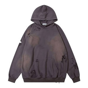 Sudadera con capucha de algodón 100% de estilo urbano personalizado, con bordado desgastado, de peso pesado, con efecto rasgado, para un look moderno, unisex. - Product Image 2