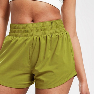 High Waisted Women's Sport Shorts Solid Color Elastic Waist Knitted Breathable Regular Fit Olive Green - Product Image 4
