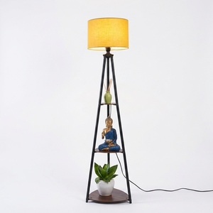AH CREATIONS Industrial Modern Tripod Floor <b>Lamp</b> Wooden <b>Shelves</b> Metal Frame Customizable Color Warm Light Shade Wedding - Product Image 5