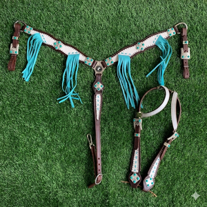 Ensemble de têtière et de collier de poitrine western à une oreille en cuir de vache 100% fait main avec franges, produits équestres en gros du fabricant - Product Image 1
