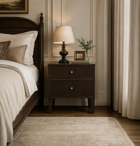 Mesita de Noche Clásica Americana de Madera Maciza con 2 Cajones y Acabado Acanalado, con Tiradores de Latón, Mueble de Dormitorio de Lujo - Product Image 1
