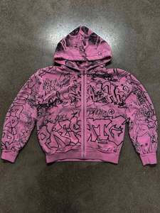 Sudadera con capucha extragrande personalizada con cremallera completa, algodón premium, estampado gráfico completo, estilo urbano, informal. - Product Image 1