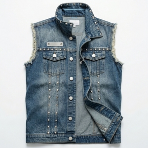 Gilet en jean pour homme avec clous, col rabattu, vêtement d'extérieur décontracté, 100% coton, couleur unie, longueur normale - Product Image 1