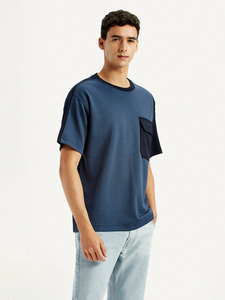 Camiseta de Algodón Azul Sólido para Hombre, Manga Corta, Cuello Redondo, Estilo Casual, Bloques de Color en Contraste, Corte Regular, Tejido de Punto - Product Image 4