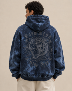 Sweat à capuche oversize personnalisé délavé à l'acide, en molleton de coton 500 GSM, avec motif tigre en strass, style streetwear, vente en gros OEM ODM - Product Image 2