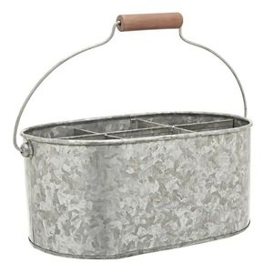 Organisateur de couverts en métal galvanisé durable de style rustique avec poignée en bois, gris rustique, pour la cuisine et la maison - Product Image 4