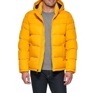 Men's <b>Yellow</b> Hooded Puffer Jacket Windproof Winter <b>Coat</b> Casual Thick Polyester Wadding Zipper Closure Regular Fit - Product Image 1