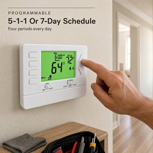 เทอร์โมสตัทสำหรับผู้รับเหมา HVAC พร้อมเมนูตั้งค่าสำหรับช่างเทคนิค ป้องกันคอมเพรสเซอร์ ปรับได้ แสดงผลแบบสวิงและฟาเรนไฮต์ - Product Image 1