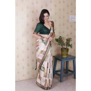 Sari en soie Tussar verte Elite Weaves avec imprimé Kalamkari audacieux et bordure tissée Zari – Vêtements indiens et pakistanais - Product Image 4
