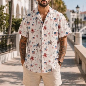 Chemise hawaïenne pour hommes à manches courtes, imprimé palmiers et drapeaux, col rabattu, chemises d'été respirantes - Product Image 1