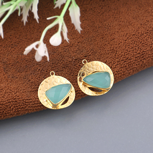 Aqua Chalcedony Trillion Cut Gemstone Centerpiece <b>Charms</b> Textured 18K <b>Gold</b> Plated Halo Setting Designer Jewelry Making Supply - Product Image 3