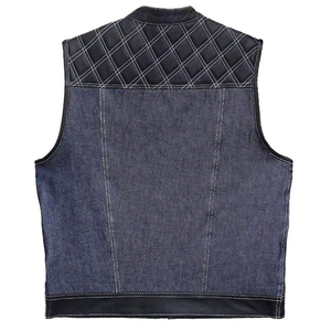 Men's Denim Moto Biker Vest Stand Collar <b>Quilted</b> Panel Pockets Breathable Autumn Outer Wear Regular Fit - Product Image 3