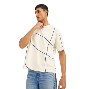 Expédition rapide T-shirt imprimé pour hommes 100% coton Base crème avec des lignes abstraites bleues T-shirt surdimensionné pour un usage quotidien et décontracté - Product Image 3