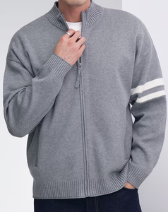 Men's Gray Breathable Polyester/Cotton Knitted Zip-Up Cardigan Full Sleeve Solid Color Turtleneck Sweater for Winter - Product Image 4