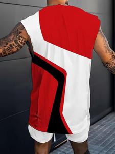 Men's Sleeveless Tank Top Red White Black Geometric Color <b>Block</b> O-Neck Casual Breathable Knitted Polyester Shirt - Product Image 2