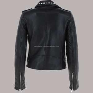 Chaqueta de cuero de motorista con tachuelas para mujer 100% Piel de cordero real Classic Premium Moto Vintage Side Zip Style Chaquetas de mujer - Product Image 2