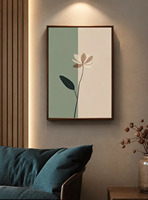 Peinture sur toile abstraite de fleurs minimalistes faites à la main, motif végétal, fond vert beige, fleur blanche silencieuse, encadrée pour intérieur
