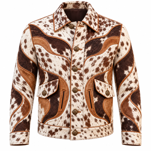 Blouson de moto en cuir de vachette à motif vache pour homme, vêtement d'extérieur décontracté, col montant réglable, fermeture éclair et boutons sur le devant - Product Image 1