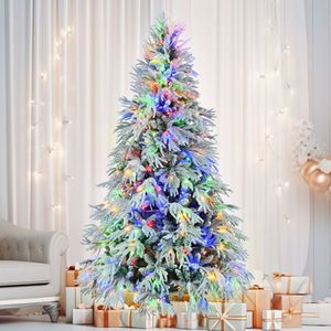 7.5FT Pre-Lit Snow-Flocked Spruce Christmas Tree Artificial Hinged Xmas Tree with 350 Multi-Color LED Lights 8 Flashing Modes - Product Image 1