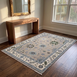 Tapis Oushak noué à la main, tapis en laine vintage à motifs floraux, bleu vert, style persan turc, tapis fait main - Product Image 1