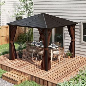 Gazebo con Tetto Rigido 3x3m Marrone Scuro, Struttura in Alluminio per Patio e Giardino con Tende a Gancio, Padiglione Permanente - Product Image 2