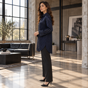 Premium Navy Blue Striped Blouse <b>Long</b> Sleeve Tunic <b>Shirt</b> with Embellished Cuffs and V Neck | Elegant Formal Party Wear for <b>Women</b> - Product Image 3