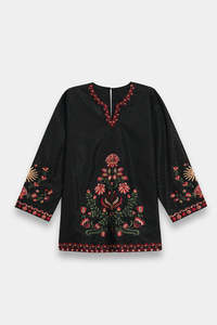 Kurta Kurti à manches longues brodée noire, col en V, coupe ample, en coton, tenue formelle traditionnelle indienne pakistanaise pour femmes - Product Image 3