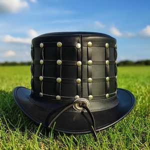 Premium Quality custom made Handmade Black Leather <b>Top</b> Hat Studded Steampunk Hat Gothic Festival Style - Product Image 4