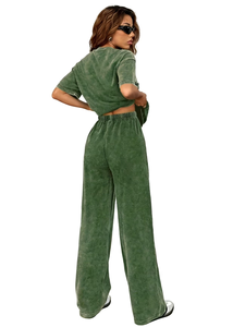 Ensemble décontracté 2 pièces pour femme : pantalon coupe droite et haut à manches courtes, col uni, effet délavé, coupe classique, 100 % coton écologique - Product Image 2