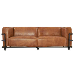 Sofá convertible de tres plazas de cuero genuino industrial con diseño minimalista, estructura metálica y ruedas para sala de estar - Product Image 1