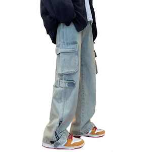 Pantalones Vaqueros Cargo de Mezclilla para Hombre, Estilo Hip Hop, con Cierre de Cremallera en las Piernas, Lavado Vintage, Corte Recto, con Logotipo Personalizado - Product Image 1