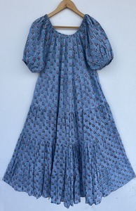 Robe longue décontractée en coton bleu ciel à imprimé floral pour femme, avec manches bouffantes et volants, vente en gros - Product Image 1