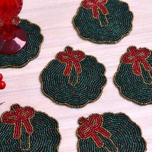 Christmas Wreath Beaded <b>Coaster</b> <b>Set</b> Holiday Bead Drink <b>Coasters</b> Handmade Christmas <b>Coasters</b> Green Wreath Mug Mats Festive - Product Image 4