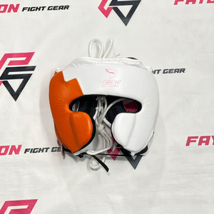 Nouvel ensemble de boxe professionnel en cuir véritable blanc/orange/rose, fait main, avec gants à lacets et casque de protection pour l'entraînement - Product Image 4