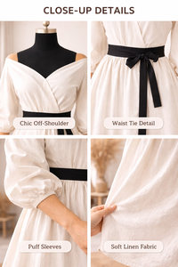 Elegante Vestido Midi de Lino y Algodón Blanco con Hombros Descubiertos para Mujer, Vestidos de Fiesta con Mangas Abullonadas y Fluídas, con Cinturón Negro en la Cintura - Product Image 4