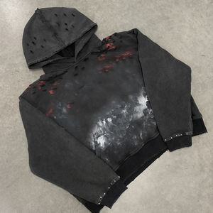 Sudadera con Capucha Negra para Hombre, Estilo Punk, Lavado Ácido, con Cortes Desgastados, Estilo Grunge, Streetwear - Product Image 1