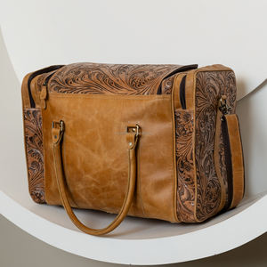 คอลเลกชันใหม่ล่าสุดวินเทจตะวันตก cowhide แกะสลักเดินทาง Duffel ทำด้วยมือสีน้ำตาลโบราณขนาดใหญ่กระเป๋าเครื่องมือในสัปดาห์ - Product Image 4
