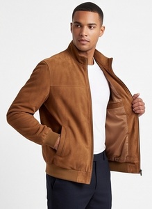 Wholesale <b>Men</b> <b>Suede</b> Varsity Bomber <b>Jacket</b> Tan Stand Collar Flight Coat Custom Slim Fit Ribbed Trim Eco-Friendly Windproof Satin - Product Image 3