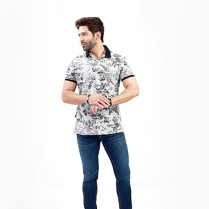 Polo à manches courtes pour homme, imprimé floral gris, respirant, vêtement décontracté, coton tricoté - Product Image 3