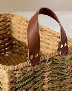 Cesta de almacenamiento decorativa de junco marino con asas de cuero, organizador de estantería rústico para decoración de mesas en guarderías y hogares - Product Image 2