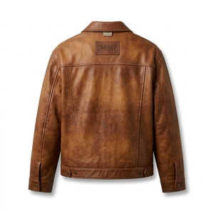 Veste en cuir marron pour homme, style workwear, col rabattu, simple boutonnage, poches, coupe classique, pour l'automne - Product Image 2