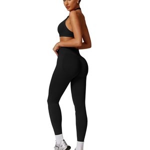 Conjunto de Yoga sin Costuras de 2 Piezas, Top Corto de Cintura Alta y Leggings Largos, Color Sólido, Escote sin Espalda, Ropa Deportiva para Mujer - Product Image 3