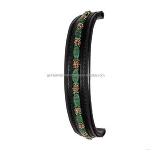 Black Padded Comfortable & Durable Leather Horse Brow Band Emerald Green <b>Beaded</b> Chain and Crystals Decorative Bridle Brow Band - Product Image 1