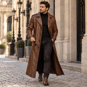 <b>Men</b>’s Brown Leather Duster <b>Coat</b>, Genuine Leather Trench <b>Coat</b>, <b>Long</b> Western Cowboy Overcoat, Vintage Leather Jacket - Product Image 5
